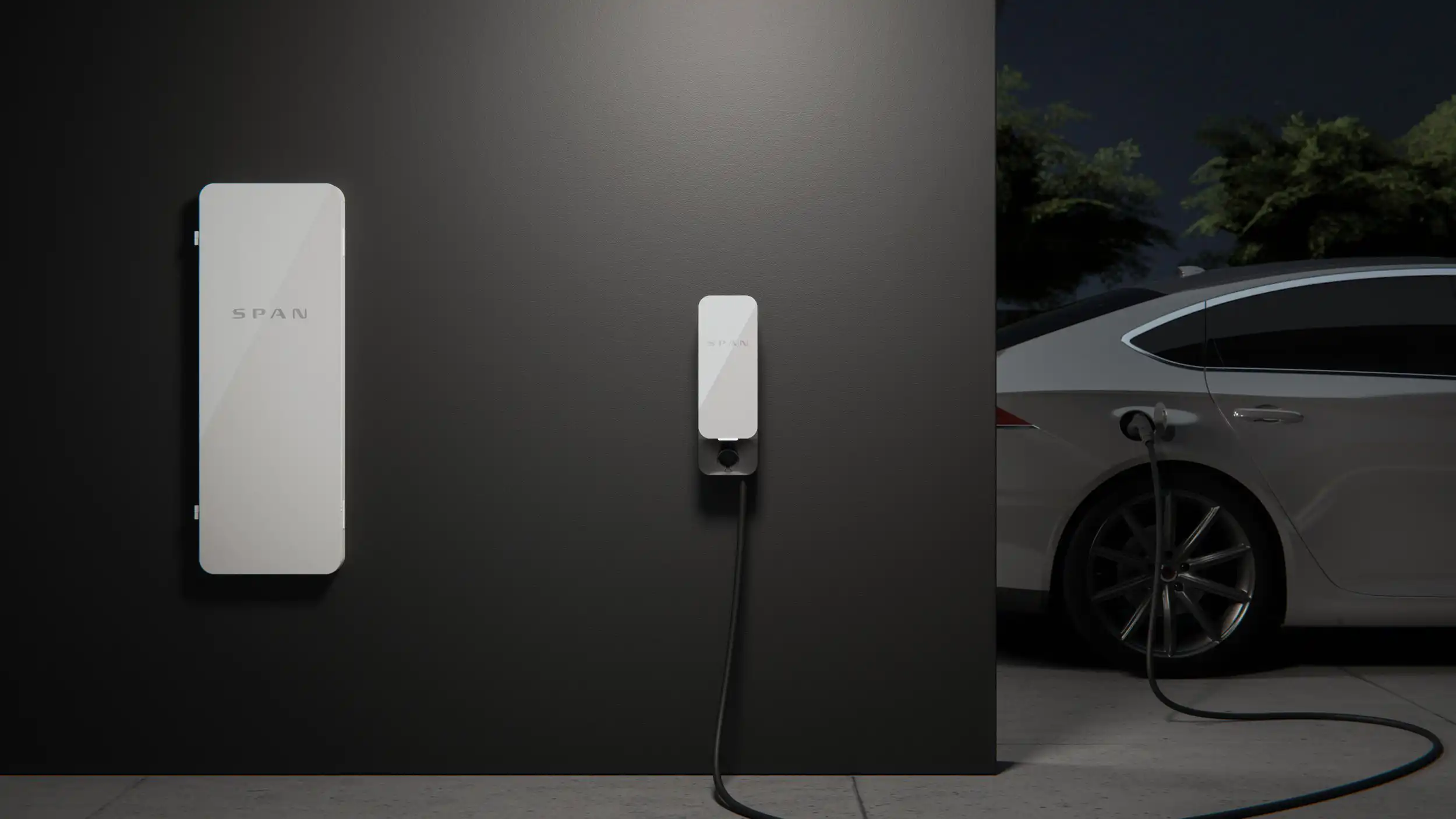 span-panel-with-car SPAN electrical panel system next to a car